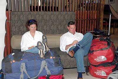 Steve and Jerri are the experienced travelers, relaxing in the hotel lobby