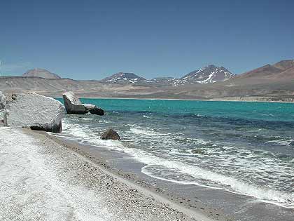 The beaches of Laguna Verde are white from salt deposits
