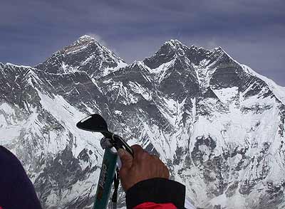 Nima Tashi points toward Everest
