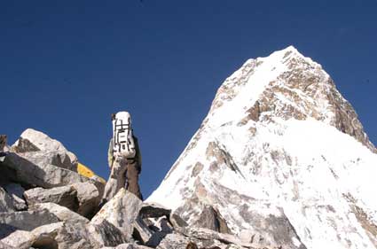 Leaving Camp I on Ama Dablam to go higher on the mountain
