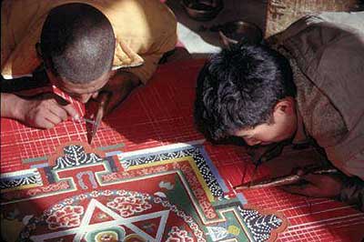 Two young monks working on a Mandala for the Mani Rimdu festival