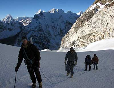 Team heads up the glacier on Island Peak