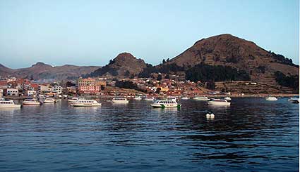 Approaching the village of Copacabana by boat