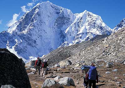 Trekking along the moraine of the Khumbu glacier