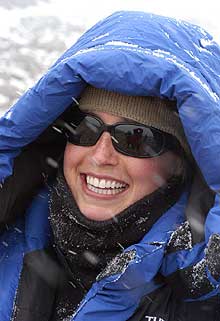 Katherine looking happy during a snow storm