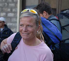 Jackie happy to arrive in Lukla