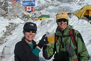 Cami and Maria enjoy a cool beverage after arriving at Base Camp