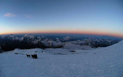 Climbing Elbrus in the early morning light