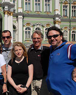 Adam, Line, David and Rob pose in front of the winter palace
