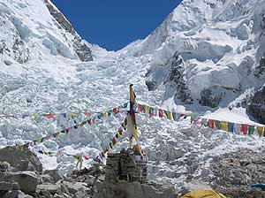 Looking up the Khumbu icefall from BAI Everest Base Camp