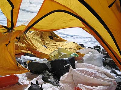 Wind destruction on the south col