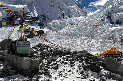 Khumbu icefall with BAI base camp chorten in foreground