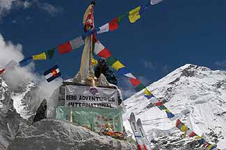 The prayer Flags are raised at Chorten in the middle of our Base Camp during the Puja