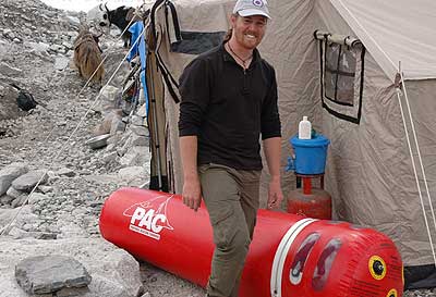 Bryce inspects the Gamov Bag at base camp