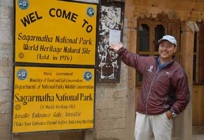 Ang Temba Sherpa at the entrance to Sagarmatha National Park