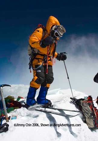 Kit prepares to begin her ski-descent from the summit of Everest
