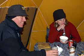 Peter Hillary and Amelia. Peter and Amelia shared a nice dinner with us at our camp. We stayed up talking until past 9:30 - quite late compared to normal trekking schedule.