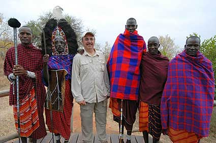 Frank being welcomed at the Tarangirei Tree Top by a group of Masai
