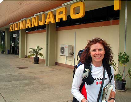 Sue Lambert is stoked to have finally arrived at Kilimanjaro International Airport