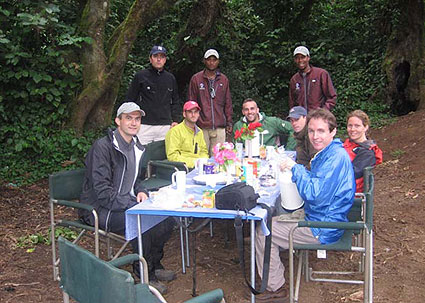 The team has a sit down lunch on Kilimanjaro