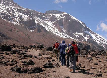 The team approaching Lava Tower camp on a beautiful day