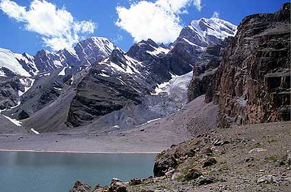 Energia peak (5120m / 17,797 ft.) on the left and Chimtarga peak on the right (5489 m / 18,000 ft. ) 