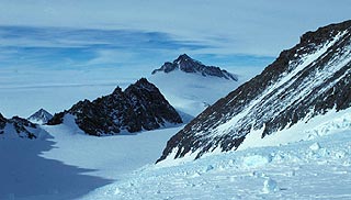 Mountains in the Ellsworth range poking through the Antarctic ice.