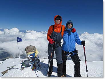 Terri and fellow climber Margaret on the summit of Mount Elbrus, July 2013