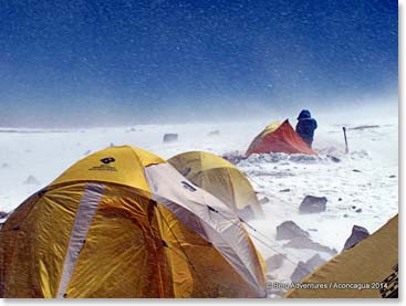 Waking up to polar-like conditions on Aconcagua. Wind and snow make for very challenging climbing conditions.