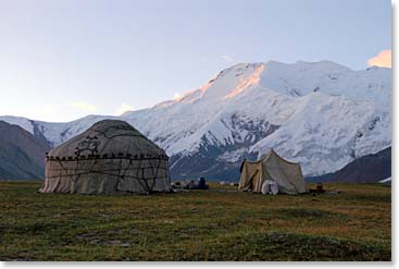 Lenin Peak Base Camp in the morning light