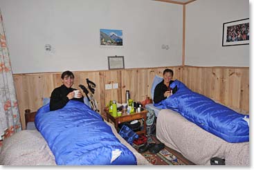Relaxing in our cozy beds in Namche