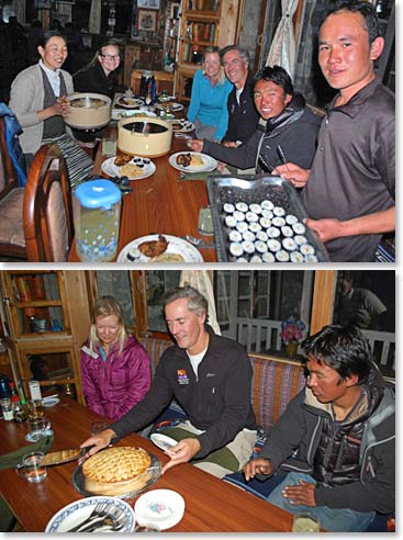 What a treat! Climbers enjoy a fresh home-made dinner from Yangzing and Jeyta’s famous apple pie for dessert after an ascent of Island peak.