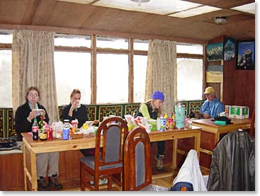 Relaxing at the lodge with hot tea and snacks during one of our rest days 