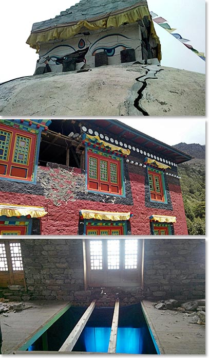 Assessing the damage done to the monastery and stupas