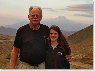 Woodie Vaughan and his granddaughter Mathes with Mount Ararat