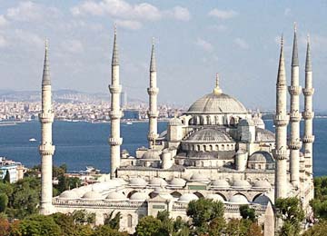The Blue Mosque distinguished from other mosques by its six minarets.