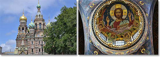 Left: The stunning onion domes of the Church of Spilled Blood; Right: The beautiful ceiling of the Church of Spilled Blood