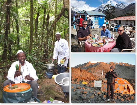 Left: Our skilled cooks making fresh food on Kilimanjaro; Upper right: A tea break on a sunny day on the way to Everest Base Camp; Lower right: Enjoying the sunrise with a hot beverage