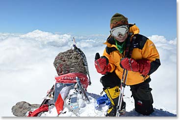 Bundled up at the summit of Mount Elbrus