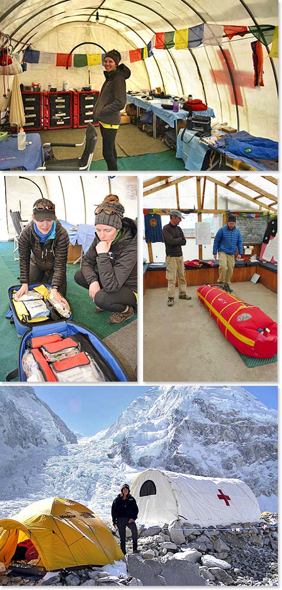 Top: Inside the Everest ER, a medical tent located at Everest Base Camp; Middle left: Examining an expedition medical kit; Middle right: An HRA doctor demonstrates the use of a Gammov Bag – essentially a portable hyperbaric chamber for serious cases of HAPE and HACE; Bottom: Dr. Luanne Freer of the Everest ER on a sunny day at Base Camp