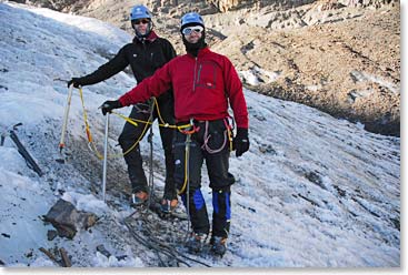 Terri and husband Tim challenge themselves in Bolivia by practicing glacier travel.
