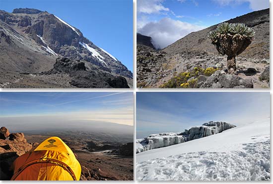 Kilimanjaro photos: Gorgeous scenery at every turn, Through the alpine desert we climb, A scenic BAI campsite high on the mountain; Glaciers high on the slopes of Kilimanjaro.