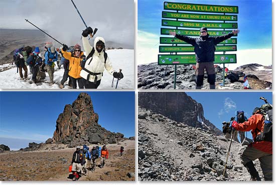Climb Kilimanjaro photos: approach summit, at the summit, leaving the Lava Tower and climbing the Barranco Wall