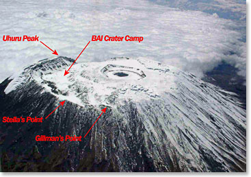 A map of the top of Kilimanjaro and the Crater Camp where you have the option of spending an unforgettable night before your second possible summit day
