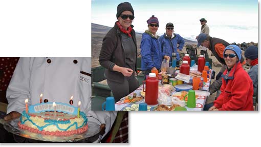 A scenic place for a lunch stop;  A cake baked on the mountain to celebrate a birthday.