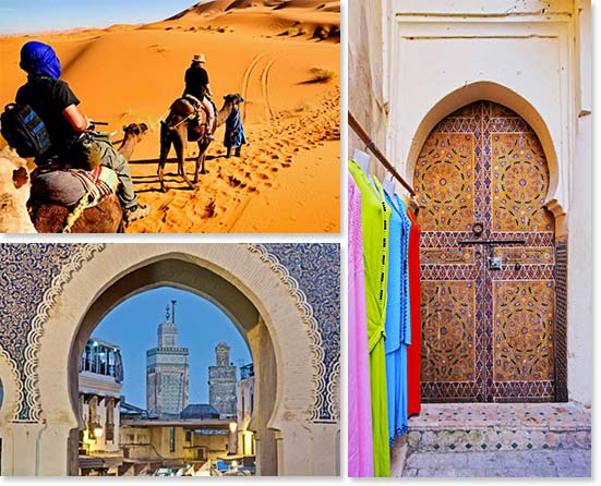 Upper left: Riding a camel through the dunes; Lower left: Looking through the Blue Gate in Fes; Right: A typical Moroccan door in the old city of Fes