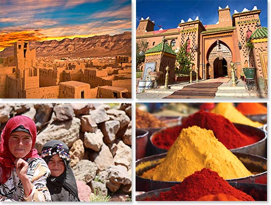 Upper left: A beautiful scene in a clay city of Morocco; Lower left: We meet many friendly local faces on our journey; Upper right: An enchanting riad in Marrakesh; Lower right: Morocco’s cities are known for their vibrant colors