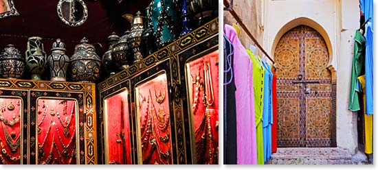 Left: Beautiful Moroccan items for sale; Right: The markets are full of color