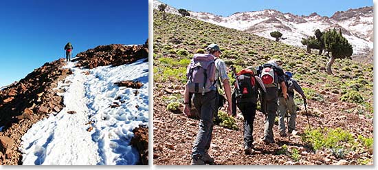 Left: Expect both snowy and rocky conditions; Right: Hiking on the trails to Mount Toubkal
