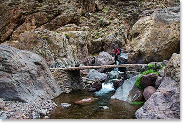 Crossing a bridge on our descent from the mountain